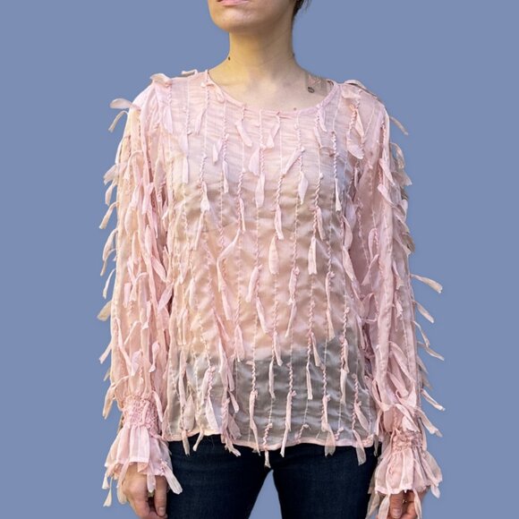 Cliche Pink Sheer Peasant Top Rag Fringe Long Sleeve Blouse Crew Neck Size L - Picture 1 of 4